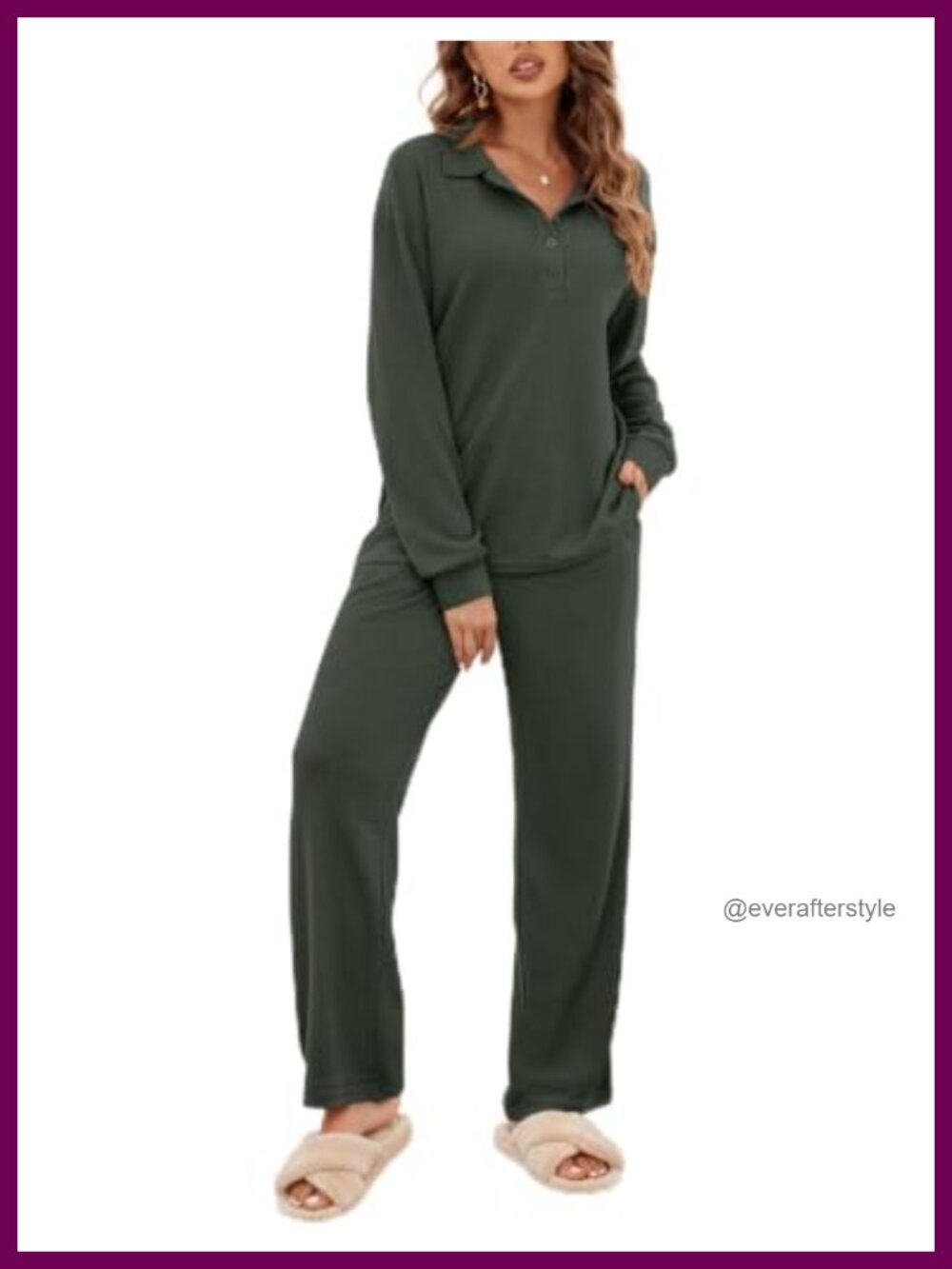 Waffle Knit Pajama Set Long Sleeve Lounge Set with Pockets